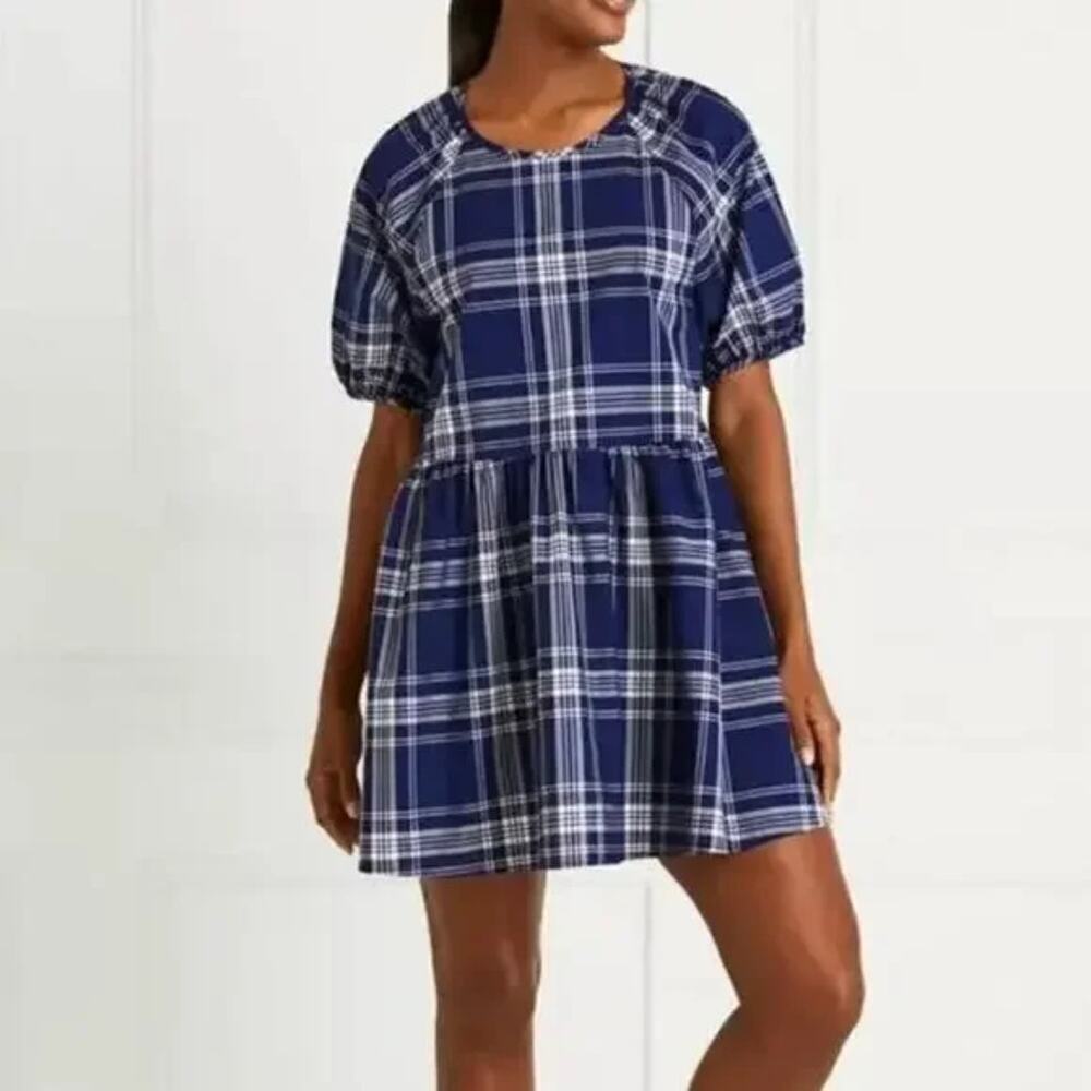 Hill House Adeline Mini Dress Blue Plaid Tiered Cotton Puff Sleeve A-Line Sz XS